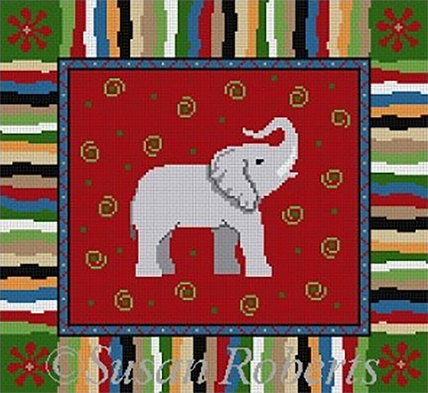 Susan Roberts Needlepoint Designs - Hand-painted Canvas -  Elephant with Multi-Color Border