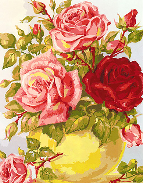 Yellow Vase with Red and Pink Roses  - Collection d'Art Needlepoint Canvas