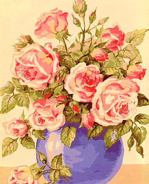 Blue Vase of Pink Roses  - Collection d'Art Needlepoint Canvas