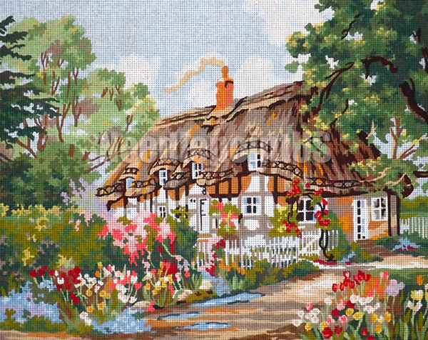 Thatched Cottage with Chimney  - Collection d'Art Needlepoint Canvas