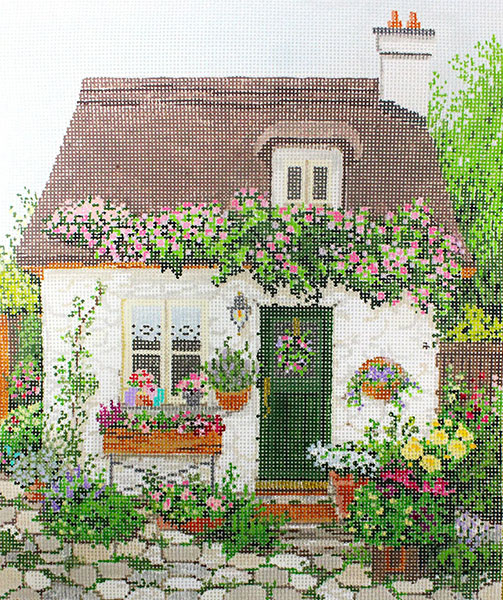 Stone Cottage - Stitch Painted Needlepoint Canvas from Sandra Gilmore