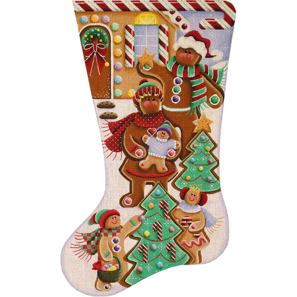 Gingerbread Family Hand Painted Stocking Canvas from Rebecca Wood