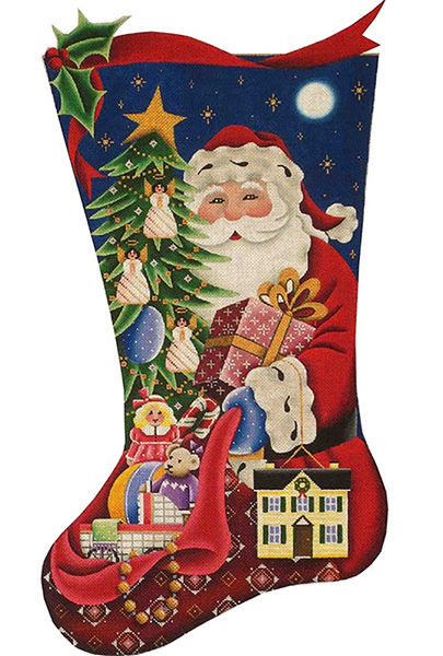 Santa's Gifts (Girl) Hand Painted Stocking Canvas from Rebecca Wood