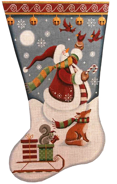 Snowman and Cardinals of Peace Hand Painted Stocking Canvas from Rebecca Wood