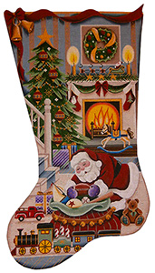 Christmas by the Fire (Boy) Hand Painted Stocking Canvas from Rebecca Wood