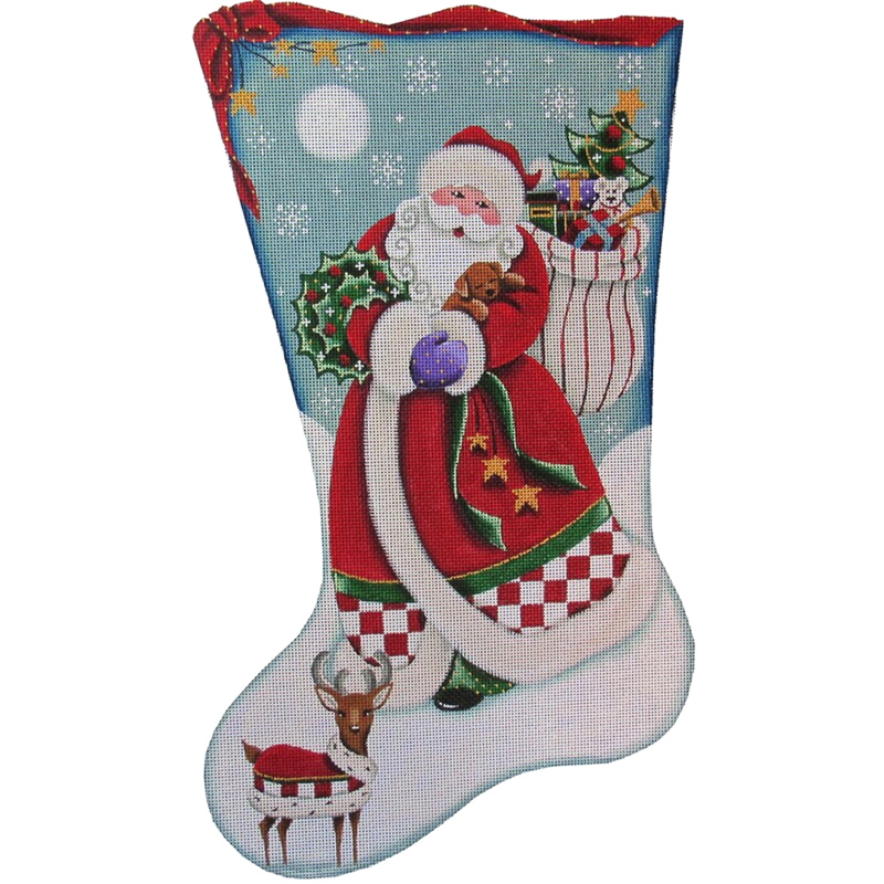 Santa's Puppy Hand Painted Stocking Canvas from Rebecca Wood