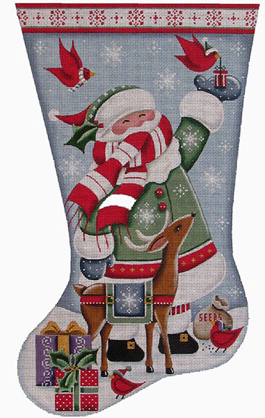 Cardinal Santa Hand Painted Stocking Canvas from Rebecca Wood
