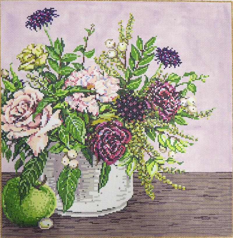 Floral with Apple - Stitch Painted Needlepoint Canvas from Sandra Gilmore
