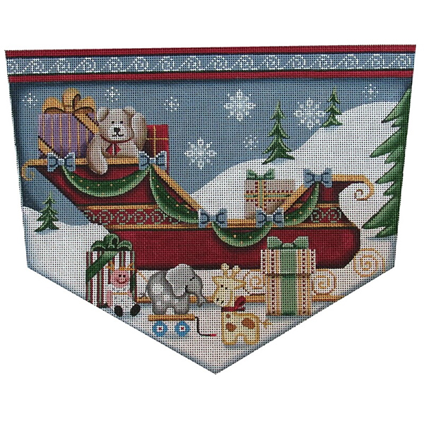 Teddy in the Sleigh Hand Painted Stocking Topper Canvas from Rebecca Wood