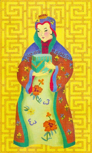 Chinese Lady with Box - Hand Painted Needlepoint Canvas from dede's Needleworks