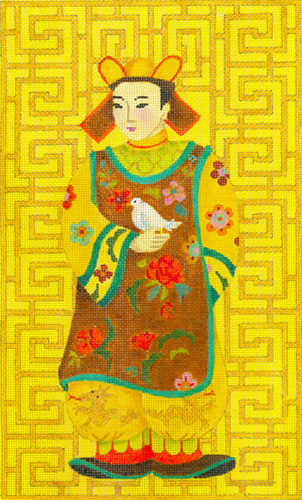 Chinese Man with Bird - Hand Painted Needlepoint Canvas from dede's Needleworks