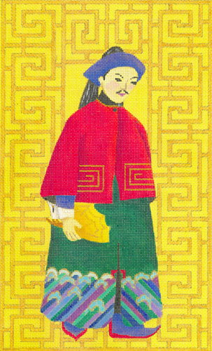 Chinese Man with Fan - Hand Painted Needlepoint Canvas from dede's Needleworks
