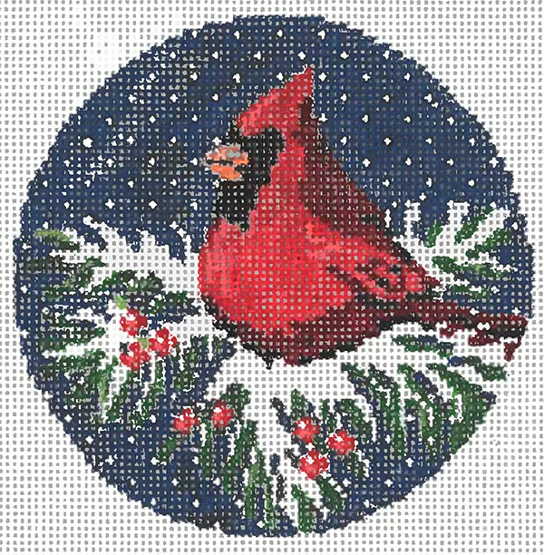Cardinal Ornament - Stitch Painted Needlepoint Canvas