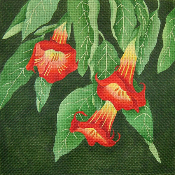 Giant Red Angel's Trumpet (Datura) - Hand Painted Needlepoint Canvas from dede's Needleworks