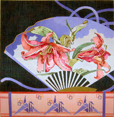 Rust Day Lilies and Origami Cranes - Hand Painted Needlepoint Canvas by Joy Juarez