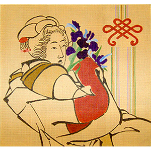 Oriental Woman with Blue Irises - Hand Painted Needlepoint Canvas by Joy Juarez