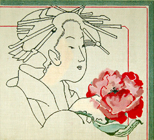 Geisha with Red Poppy - Hand Painted Needlepoint Canvas by Joy Juarez