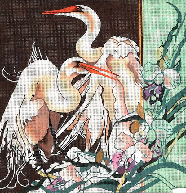 Two White Egrets with Purple Orchids - Hand Painted Needlepoint Canvas by Joy Juarez