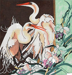 Two White Egrets with Purple Orchids - Hand Painted Needlepoint Canvas by Joy Juarez
