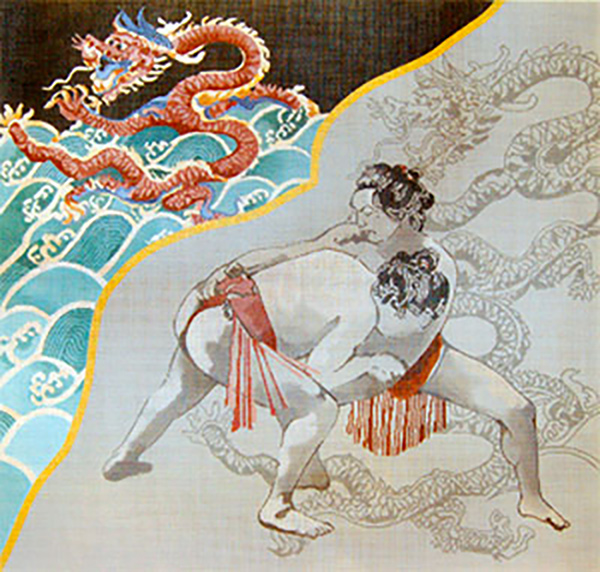 Sumo Wrestlers with Floral Border - Hand Painted Needlepoint Canvas by Joy Juarez