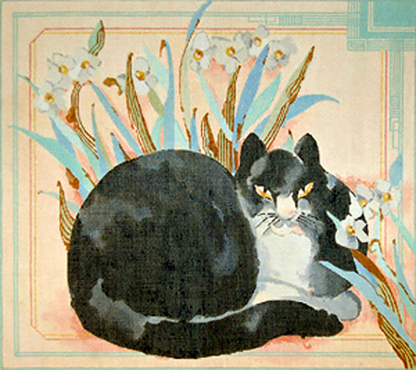 Killer the Cat in Narcissus Bulbs - Hand Painted Needlepoint Canvas by Joy Juarez