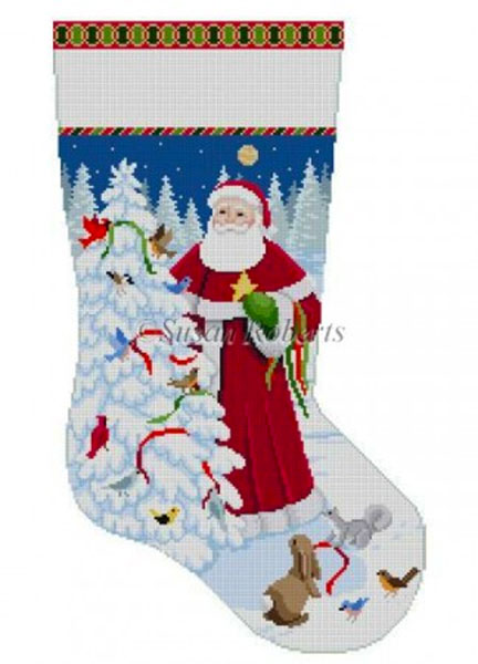 Susan Roberts Needlepoint Designs - Hand-painted Christmas Stocking - Birds and Santa
