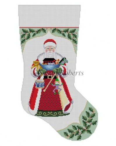 Susan Roberts Needlepoint Designs - Hand-painted Christmas Stocking - Holly with Santa