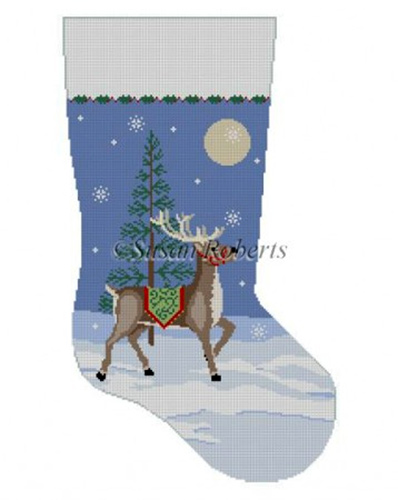 Susan Roberts Needlepoint Designs - Hand-painted Christmas Stocking - Moonlit Reindeer Stocking