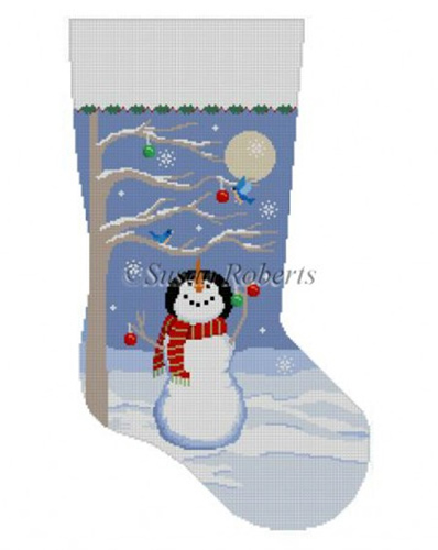 Susan Roberts Needlepoint Designs - Hand-painted Christmas Stocking - Moonlit Snowman Bird Tree Stocking