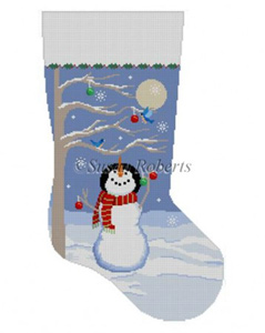 Susan Roberts Needlepoint Designs - Hand-painted Christmas Stocking - Moonlit Snowman Bird Tree Stocking
