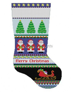 Susan Roberts Needlepoint Designs - Hand-painted Christmas Stocking - Bold Stripe Santa with Trees and Sleigh