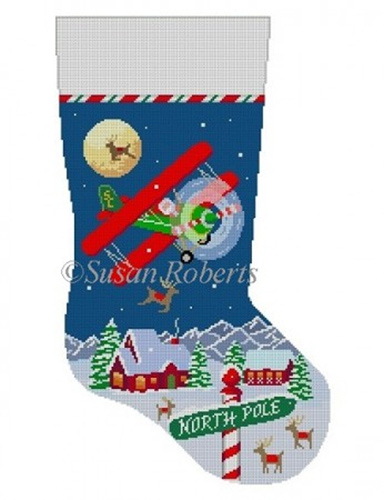 Susan Roberts Needlepoint Designs - Hand-painted Christmas Stocking - Night Flight, Bi Plane