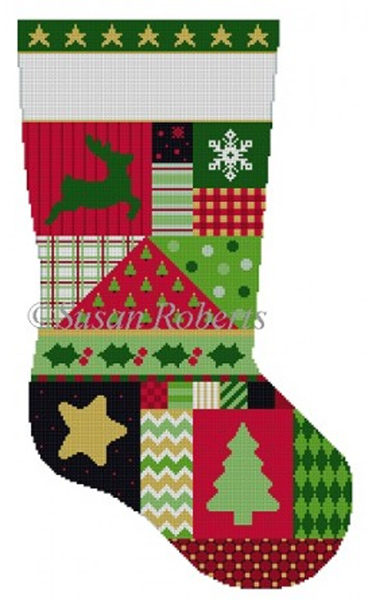 Susan Roberts Needlepoint Designs - Hand-painted Christmas Stocking - Star Patchwork