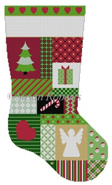Susan Roberts Needlepoint Designs - Hand-painted Christmas Stocking - Heart Patchwork