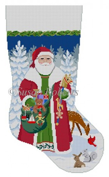 Susan Roberts Needlepoint Designs - Hand-painted Christmas Stocking - Woodland Santa