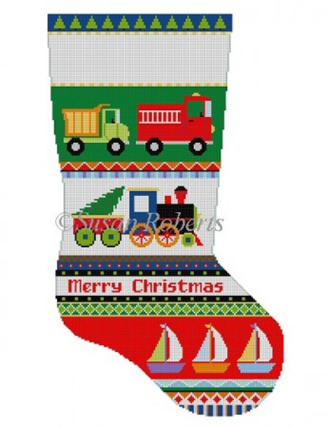 Susan Roberts Needlepoint Designs - Hand-painted Christmas Stocking - Bold Stripe, Trucks, Train, Boats