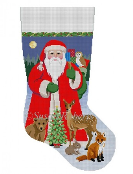 Susan Roberts Needlepoint Designs - Hand-painted Christmas Stocking - Santa with Baby Forest Animals
