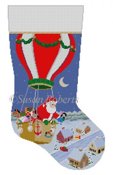 Susan Roberts Needlepoint Designs - Hand-painted Christmas Stocking - Hot Air Balloon Delivery