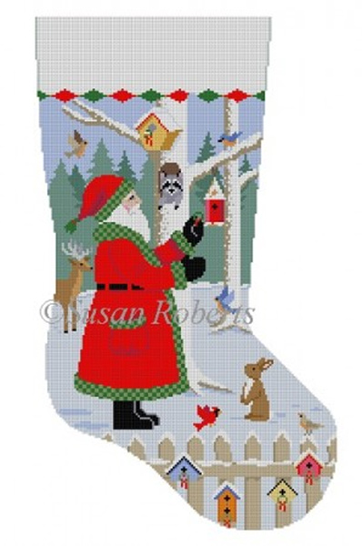 Susan Roberts Needlepoint Designs - Hand-painted Christmas Stocking - Santa with Bird Wreaths