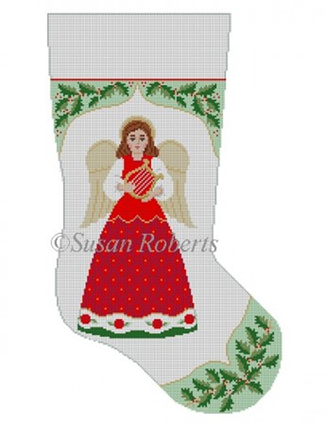 Susan Roberts Needlepoint Designs - Hand-painted Christmas Stocking - Holly with Angel