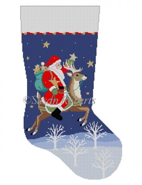 Susan Roberts Needlepoint Designs - Hand-painted Christmas Stocking - Santa Collecting Stars