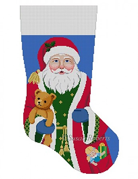 Susan Roberts Needlepoint Designs - Hand-painted Christmas Stocking - Santa with Teddy Bear