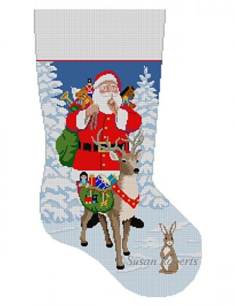 Susan Roberts Needlepoint Designs - Hand-painted Christmas Stocking - Shh, Santa and Reindeer Bringing Toys