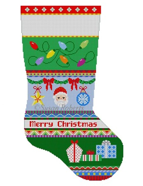 Susan Roberts Needlepoint Designs - Hand-painted Christmas Stocking - Bold Stripe Lights, Ornaments, Presents