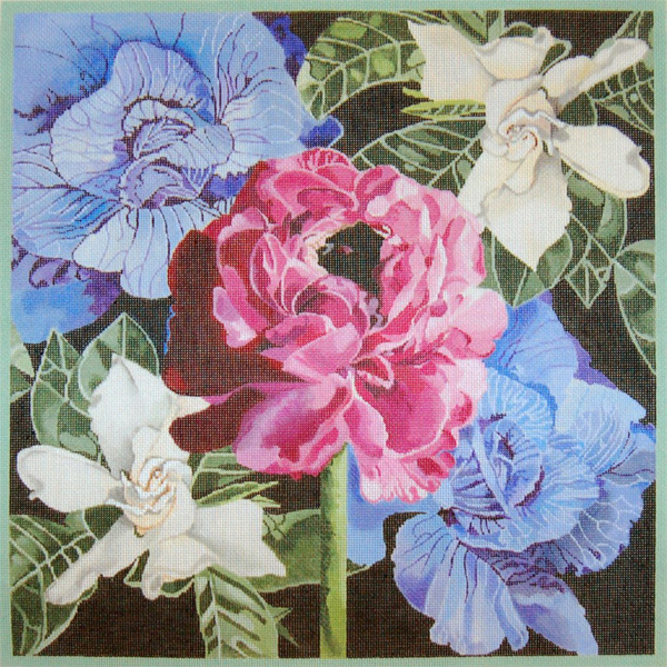 Pink Poppy / Purple Cabbage Roses / Gardenias - Hand Painted Needlepoint Canvas by Joy Juarez