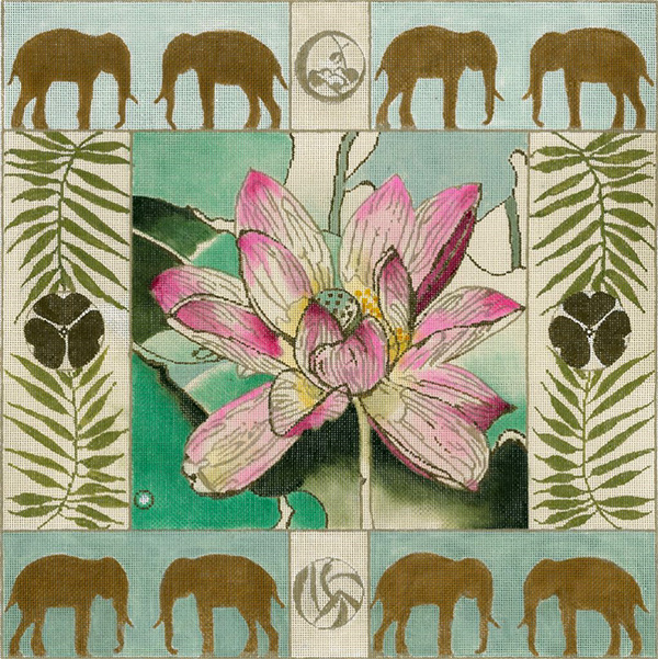 Lotus and Elephants - Hand Painted Needlepoint Canvas by Joy Juarez