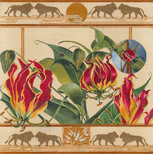 African Gloriosa Lily with Lions - Hand Painted Needlepoint Canvas by Joy Juarez