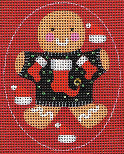 Leigh Designs - Hand-painted Needlepoint Canvases - Ginger Breads - Gingerbread Man with Stocking Sweater