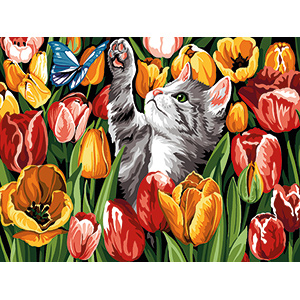 SEG de Paris Needlepoint - Kitten and Butterfly in Tulips