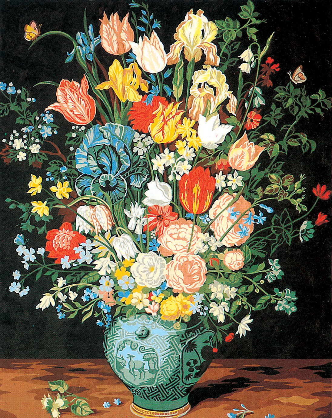 Handpainted Needlepoint Canvas Flowers in Blue Urn or Vase 18 Mesh